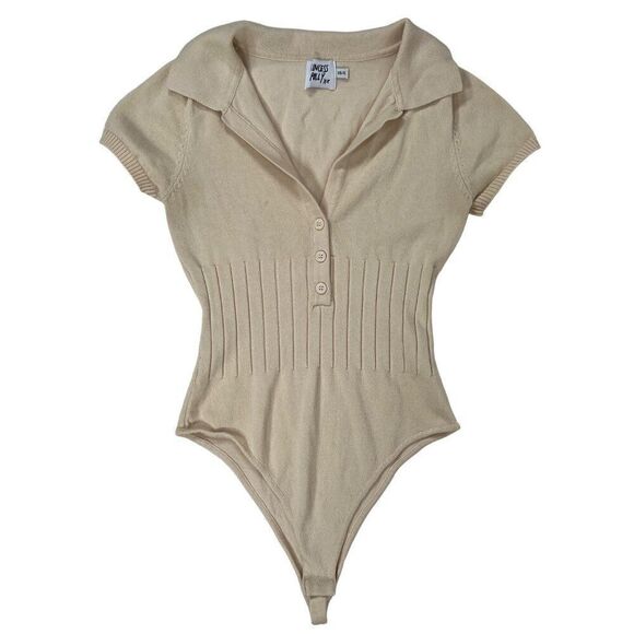 Princess Polly Cream Ribbed Knit Short Sleeve Collared Button Down Bodysuit / XS - Picture 4 of 8